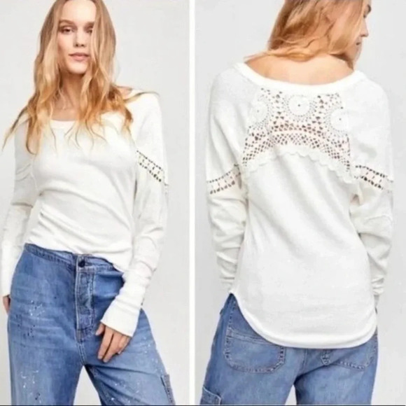 We The Free Tops - free people white luella tee ivory crochet thermal waffle boho elbow patch M